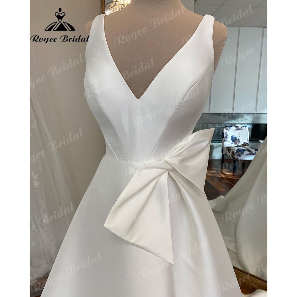 Roycebridal Simple V Neck Satin V Neck A Line Wedding Dress with Bow 2025 Bridal Gowns Custom Made Vestidos De Novia Formal Roycebridal