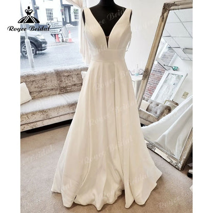 Roycebridal Simple V Neck Sleeveless Satin A Line Beach Wedding dress with Buttons Open Back 2025 Vestido Boda Civil Bridal Gowns for Women