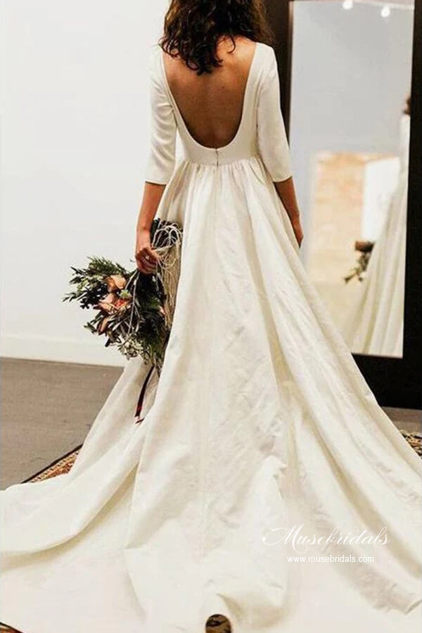 Simple 3/4 Sleeves Backless Modest Wedding Dresses, Bridal Gowns, MW972 | long sleeves wedding dress | cheap wedding dress | vintage wedding dress | musebridals.com