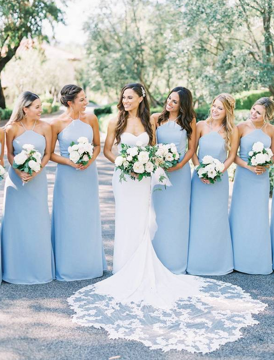 Roycebridal Simple Chiffon Halter Dusty Blue Bridesmaid Dresses under 100