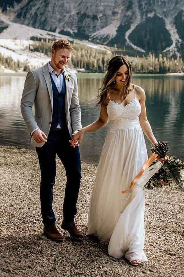 Simple A-line Lace Spaghetti Straps Beach Wedding Dresses With Train, MW567 | wedding dresses | beach wedding dress | wedding gowns | www.musebridals.com