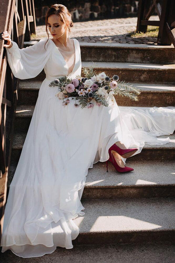 Simple Chiffon A-line Puffy Sleeves Beach Wedding Dress, Bridal Gown, MW644 | chiffon a line wedding dress | bridal gown | wedding dresses online | www.musebridals.com