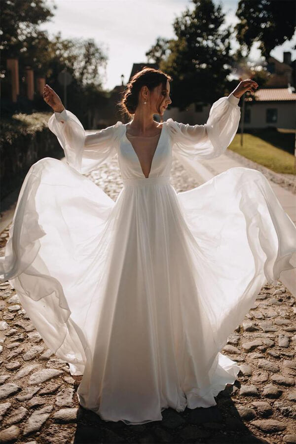 Simple Chiffon A-line Puffy Sleeves Beach Wedding Dress, Bridal Gown, MW644 | simple wedding dresses | beach wedding dress | chiffon wedding dresses | www.musebridals.com