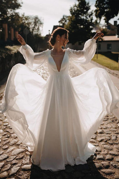 Simple Chiffon A-line Puffy Sleeves Beach Wedding Dress, Bridal Gown, MW644 | simple wedding dresses | beach wedding dress | chiffon wedding dresses | www.musebridals.com