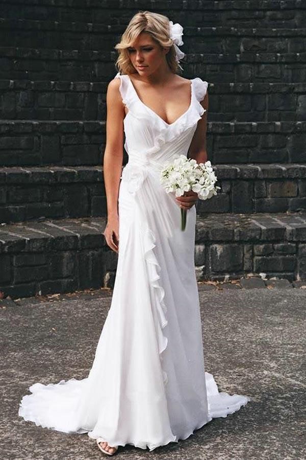 Simple Chiffon A-line V-neck Ruffles Beach Wedding Dresses, Wedding Gown, MW787 | boho wedding dress | bridal shops near me | plus size wedding dress | musebridals.com