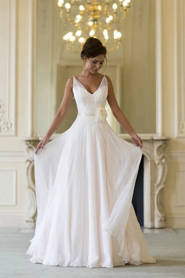 Simple Chiffon A-line V-neck Sleeveless Floor Length Beach Wedding Dresses, MW800 | cheap wedding dresses | bridal gowns | simple wedding dresses | musebridals.com