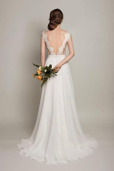 Simple Chiffon Lace Scoop Open Back Sweep Train Wedding Dresses, MW586 | wedding dresses online | wedding dresses stores | cheap lace wedding dresses | www.musebridals.com