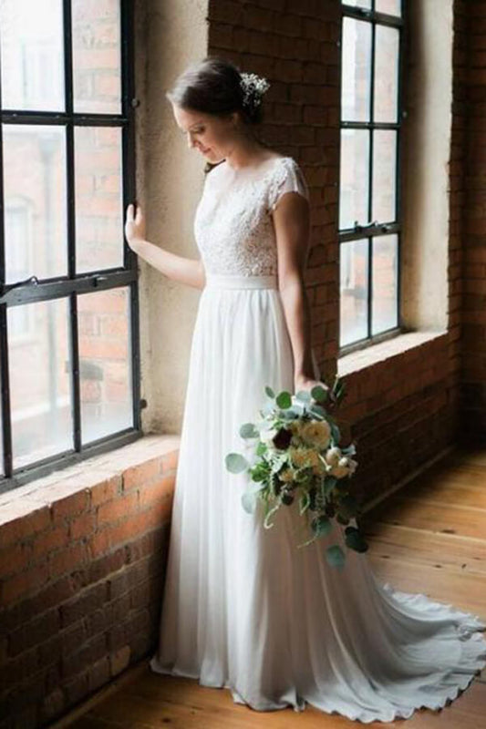 Simple Chiffon Lace Scoop Open Back Sweep Train Wedding Dresses, MW586 | chiffon wedding dresses | simple wedding dresses | beach wedding dress | www.musebridals.com