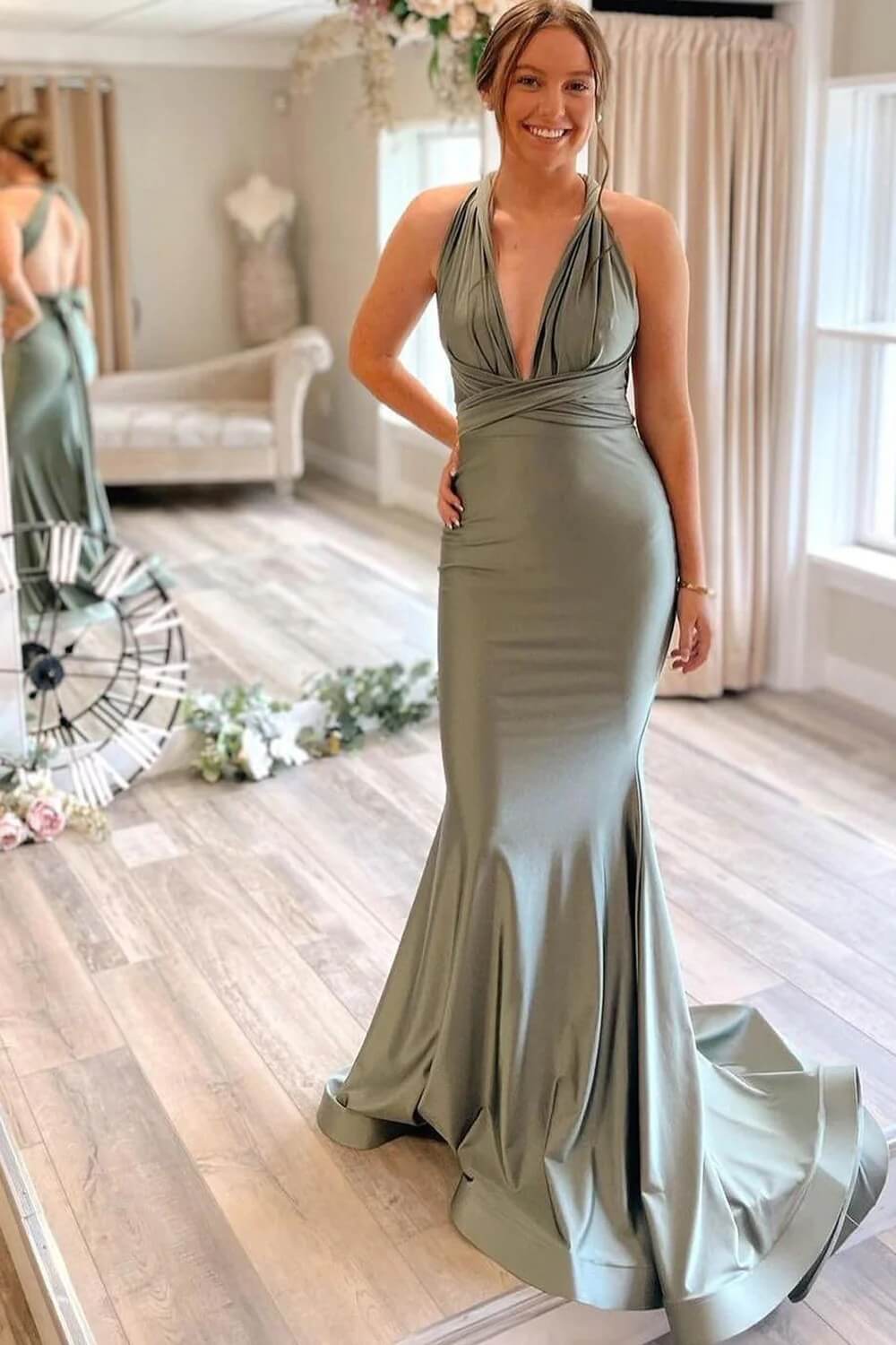 Simple Gray Green Wedding Guest Dress Mermaid Satin Bridesmaid Dresses Long