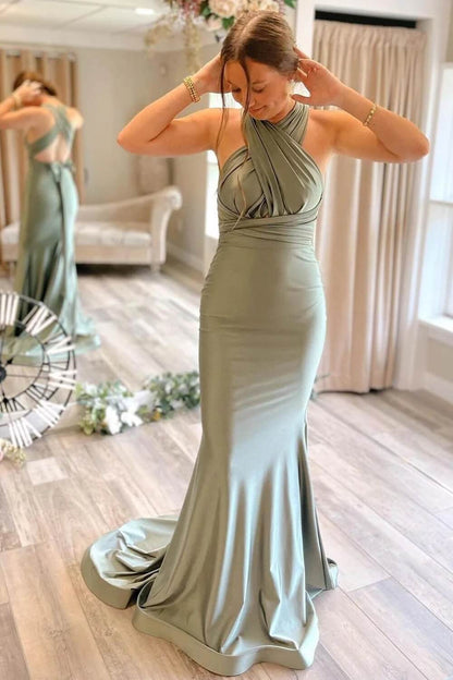 Simple Gray Green Wedding Guest Dress Mermaid Satin Bridesmaid Dresses Long