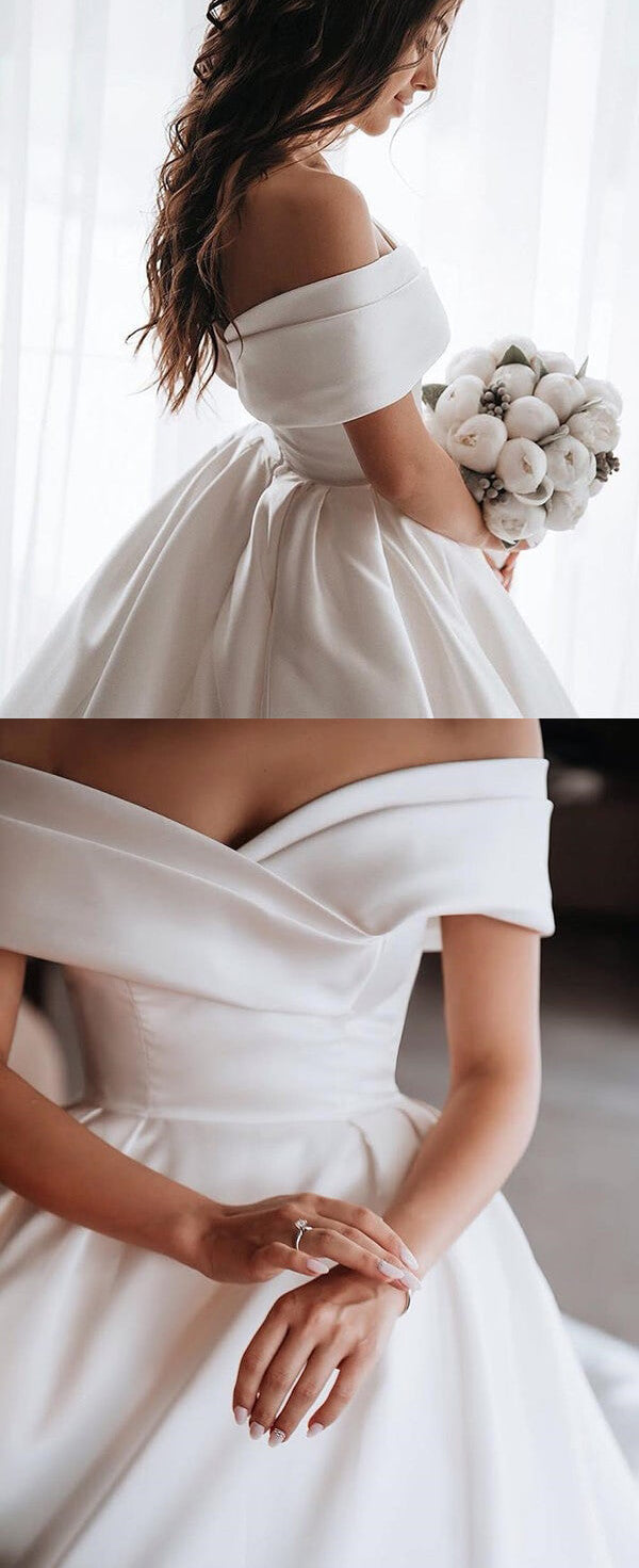 Simple Ivory Ball Gown Satin Lace Off-the-Shoulder Wedding Dresses, MW633 | simple satin wedding dresses | ivory lace wedding dress | cheap wedding dresses online | www.musebridals.com