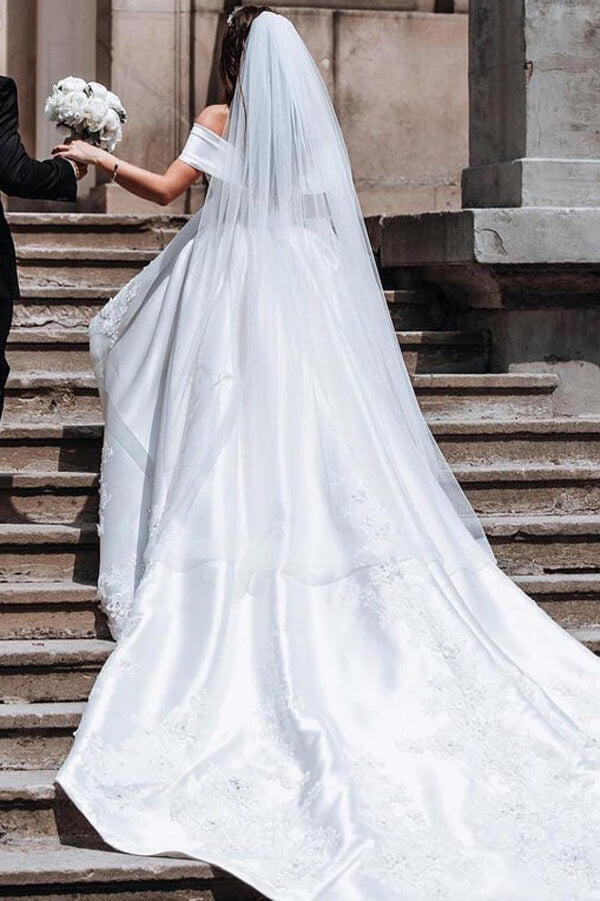 Simple Ivory Ball Gown Satin Lace Off-the-Shoulder Wedding Dresses, MW633 | ball gown wedding dress | lace wedding dresses | bridal gown | www.musebridals.com