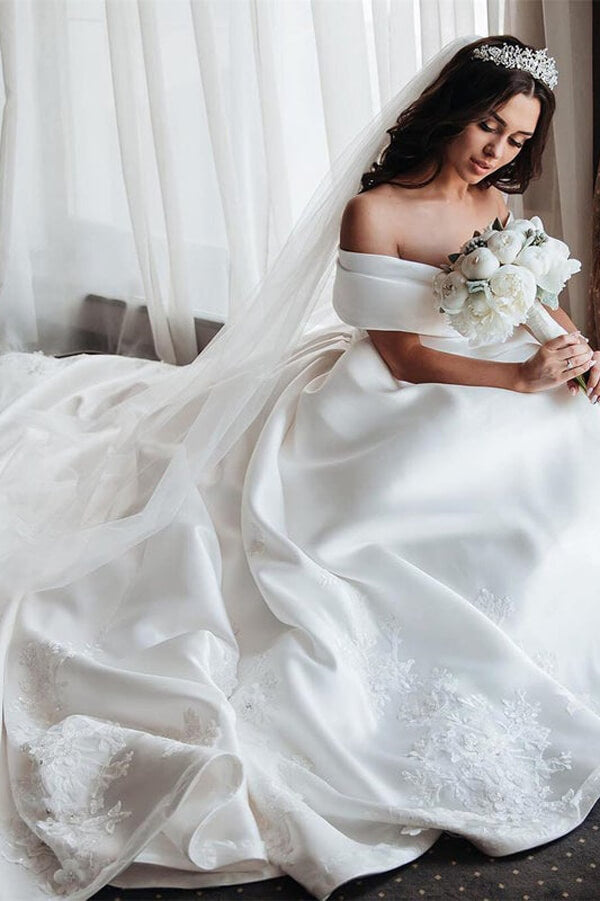 Simple Ivory Ball Gown Satin Lace Off-the-Shoulder Wedding Dresses, MW633 | satin wedding dresses | cheap wedding dresses | bridal gown | www.musebridals.com