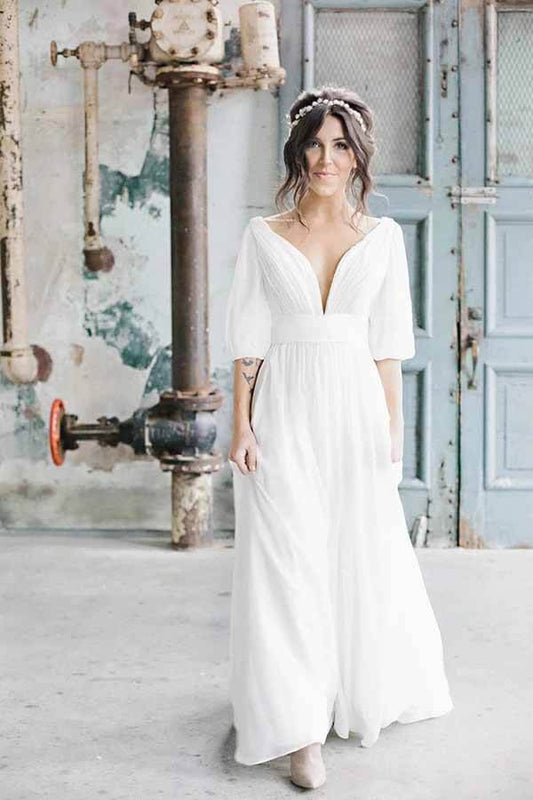 Simple Ivory Chiffon A-line V-neck Half Sleeves Long Wedding Dresses, MW694 | chiffon wedding dress | a line wedding dress | bridal gown | www.musebridals.com