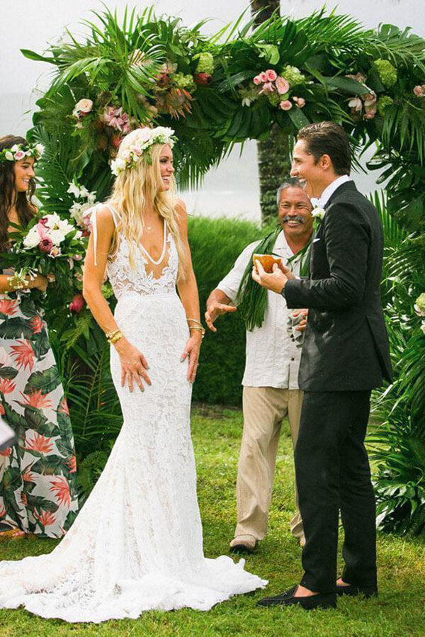 Simple Ivory Lace Country Wedding Dresses V-Neck Mermaid Wedding Dress,MW296 | wedding dresses | bridal gowns | cheap wedding dresses | mermaid wedding dresses | www.musebridals.com