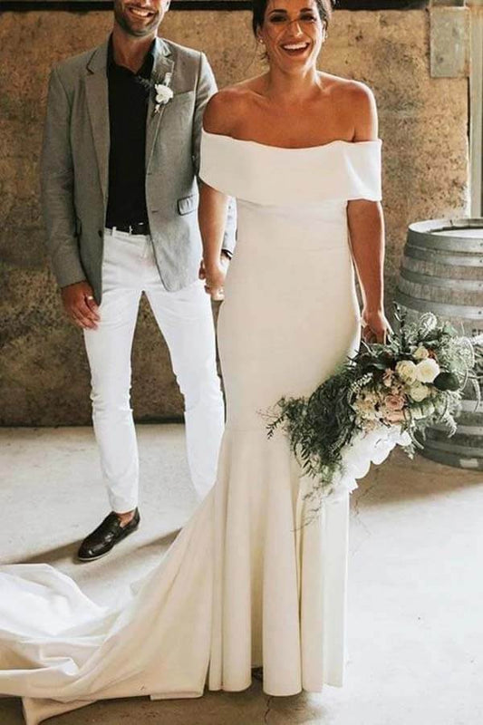 Simple Ivory Mermaid Off-the-Shoulder Wedding Dresses, Bridal Gowns, MW696 | simple wedding dress | ivory wedding dresses | wedding gowns | www.musebridals.com