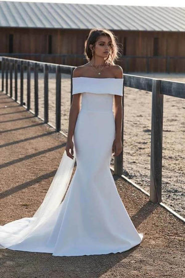 Simple Ivory Mermaid Off-the-Shoulder Wedding Dresses, Bridal Gowns, MW696 | mermaid satin wedding dresses | wedding dress online | cheap bridal gown | www.musebridals.com