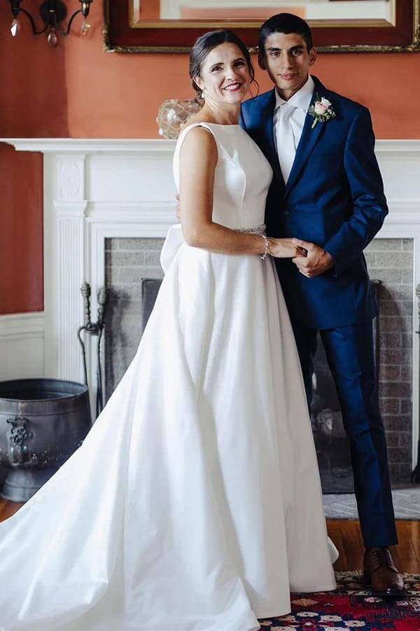 Simple Ivory Satin Bateau Beaded Wedding Dresses With Bow, Bridal Gown, MW867 | cheap wedding dresses | wedding gowns | bridal outfit | musebridals.com