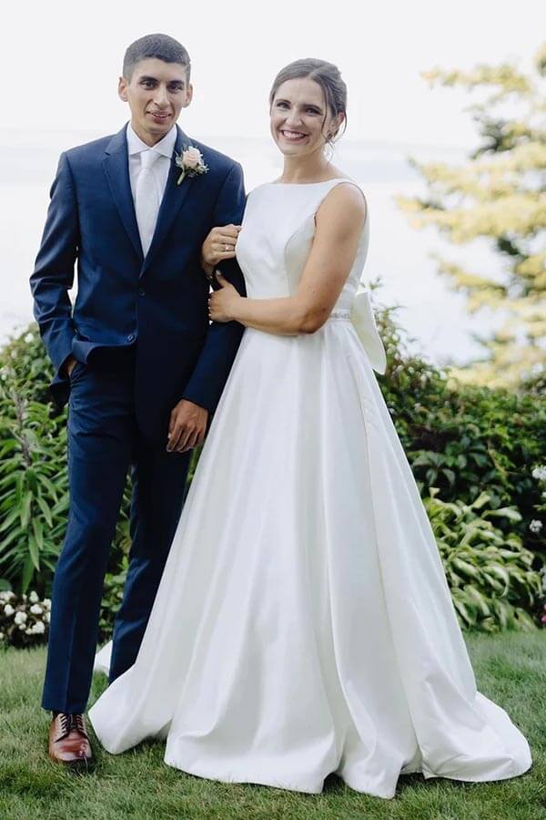 Simple Ivory Satin Bateau Beaded Wedding Dresses With Bow, Bridal Gown, MW867 | satin wedding dresses | beach wedding dresses | a line wedding dresses | musebridals.com