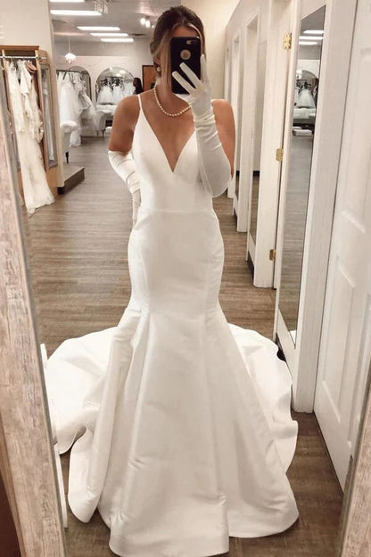 Simple Ivory Satin Mermaid V Neck Wedding Dresses, Wedding Gowns, MW764 | cheap wedding dresses | mermaid wedding dresses | bridal gown | musebridals.com