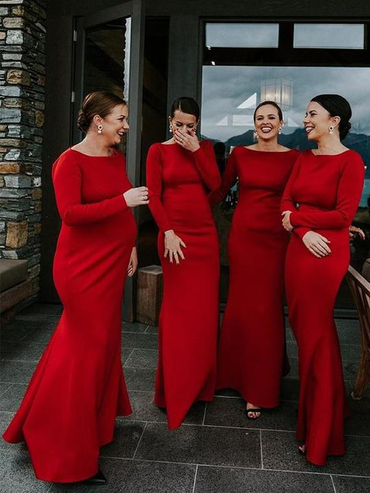 Roycebridal Simple Mermaid Long Red Bridesmaid Dresses with Sleeve