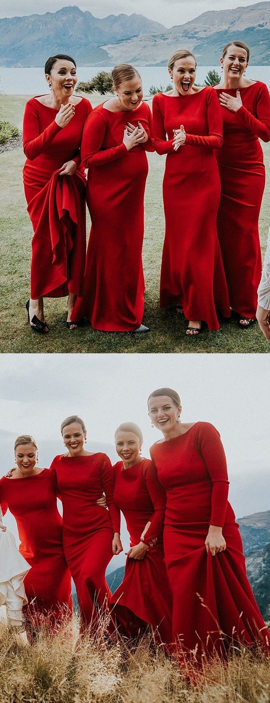 Roycebridal Simple Mermaid Long Red Bridesmaid Dresses with Sleeve