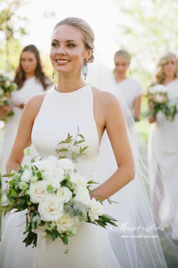 Simple Satin A-line Halter Sleeveless Featured Back Wedding Dresses, MW947 | a line wedding dress | affordable wedding dresses | bohemian wedding dress | www.musebridals.com