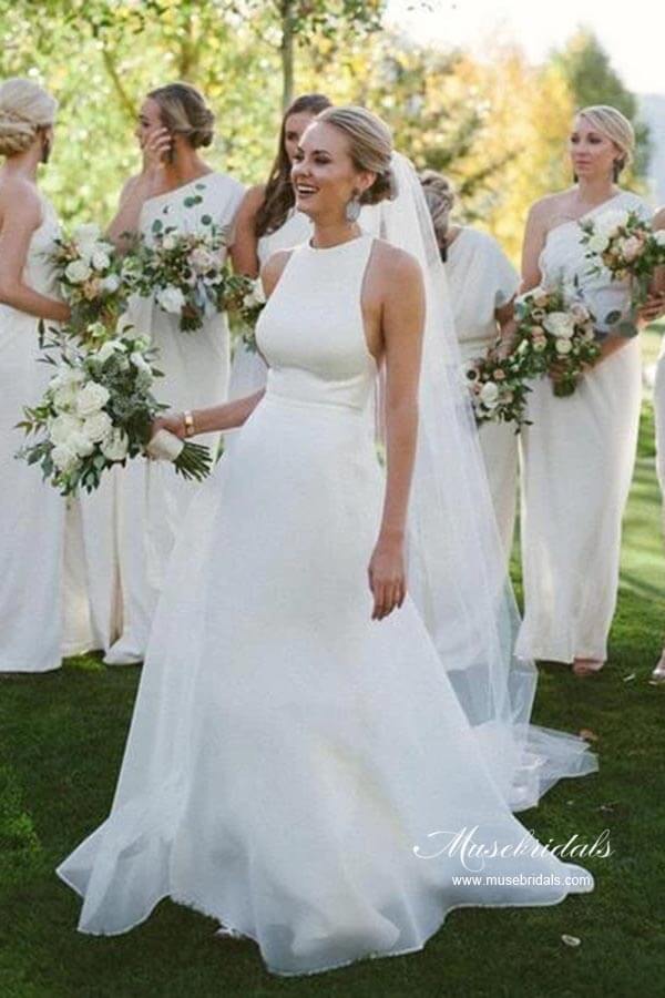 Simple Satin A-line Halter Sleeveless Featured Back Wedding Dresses, MW947 | outdoor wedding dress | wedding dress stores | cheap wedding dress | www.musebridals.com