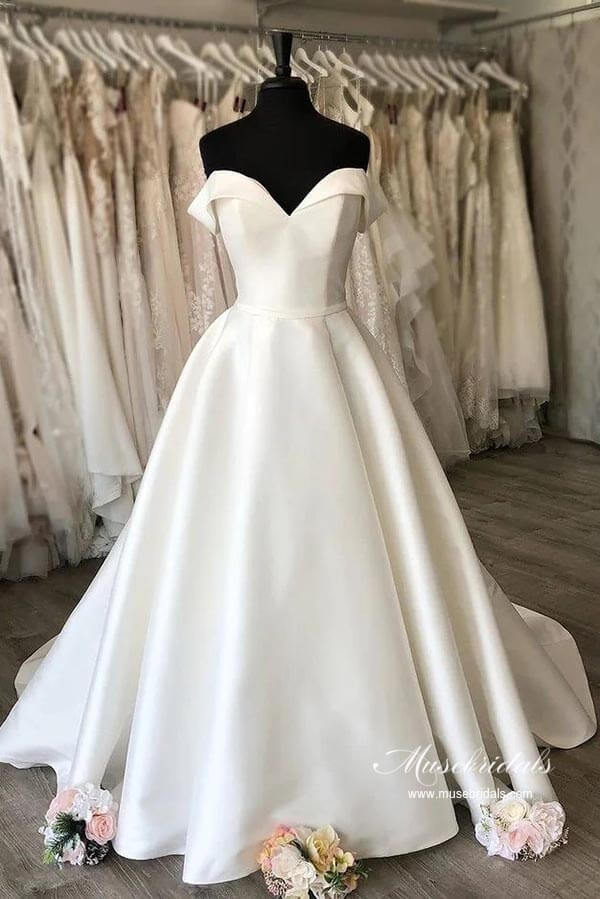 Simple Satin A-line Off-the Shoulder Wedding Dresses With Court Train, MW933 | satin wedding dress | cheap wedding dresses | bridal gown | musebridals.com