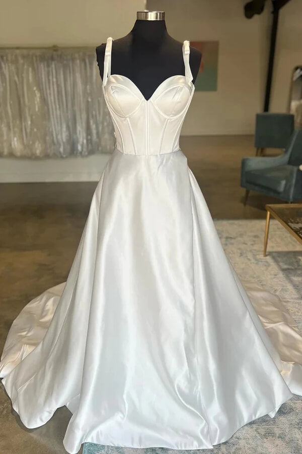 Simple Satin A-line Sweetheart Bow-Straps Wedding Dresses, Bridal Gown, MW957 | vintage wedding dress | bridal outfit | wedding dresses near me | musebridals.com