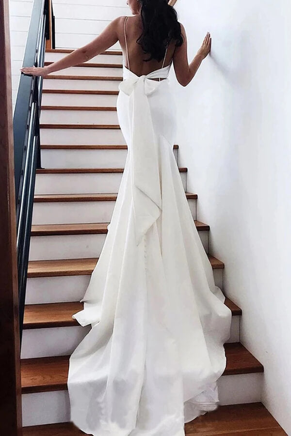 Simple Satin Mermaid V-neck Spaghetti Straps Wedding Dresses With Bow, MW691 | mermaid wedding dresses | backless wedding dresses | wedding gown | www.musebridals.com