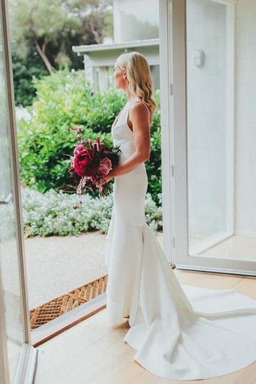 Simple Satin Mermaid V-neck Sweep Train Wedding Dresses, Bridal Gown, MW632 | mermaid wedding dresses | wedding dress online | simple wedding gown | www.musebridals.com