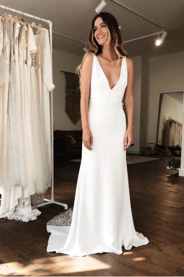 Simple Satin Sheath Deep V-neck Wedding Dresses With Lace Appliques, MW746 | beach wedding dresses | boho wedding dress | mermaid wedding dress | www.musebridals.com