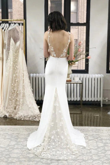 ​Simple Satin Sheath Deep V-neck Wedding Dresses With Lace Appliques, MW746 | cheap lace wedding dress | wedding gowns | satin wedding dresses | www.musebridals.com