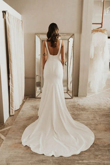 Simple Satin Sheath Square Neck Backless Wedding Dress With Sweep Train, MW755 | vintage wedding dress | wedding dresses online | wedding gown | musebridals.com