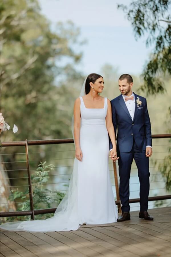 Simple Satin Sheath Square Neck Backless Wedding Dress With Sweep Train, MW755 | white wedding dresses | satin wedding dresses | bridal gown | musebridals.com