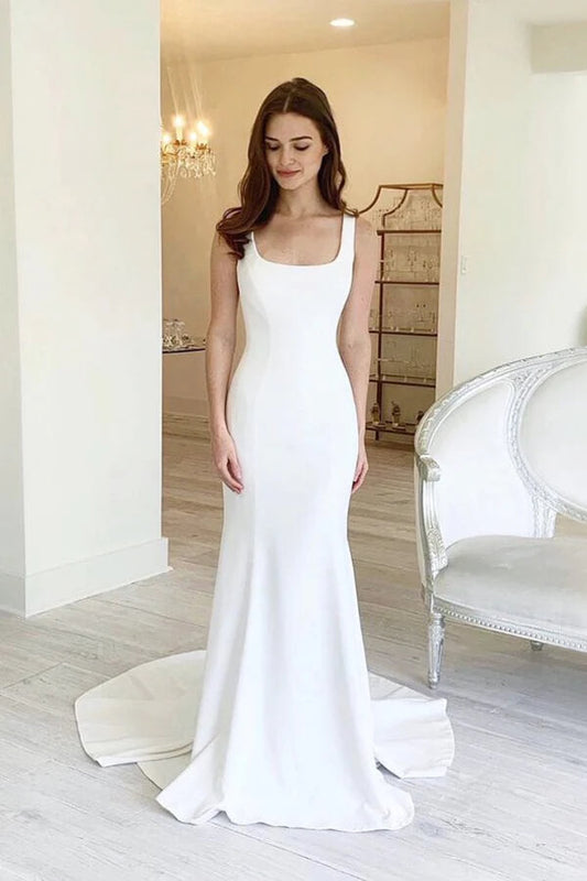 Simple Satin Sheath Square Neck Backless Wedding Dress With Sweep Train, MW755 | cheap wedding dresses | sheath wedding dress | wedding gowns | musebridals.com