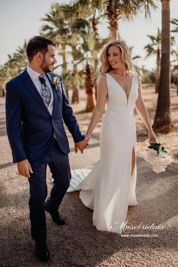 Simple Satin Sheath V-neck Wedding Dresses With Buttons, Bridal Gown, MW930 | cheap wedding dresses | satin wedding dress | wedding gown | musebridals.com