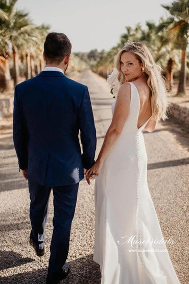 Simple Satin Sheath V-neck Wedding Dresses With Buttons, Bridal Gown, MW930 | beach wedding dress | bohemian wedding dresses | vintage wedding dress | musebridals.com