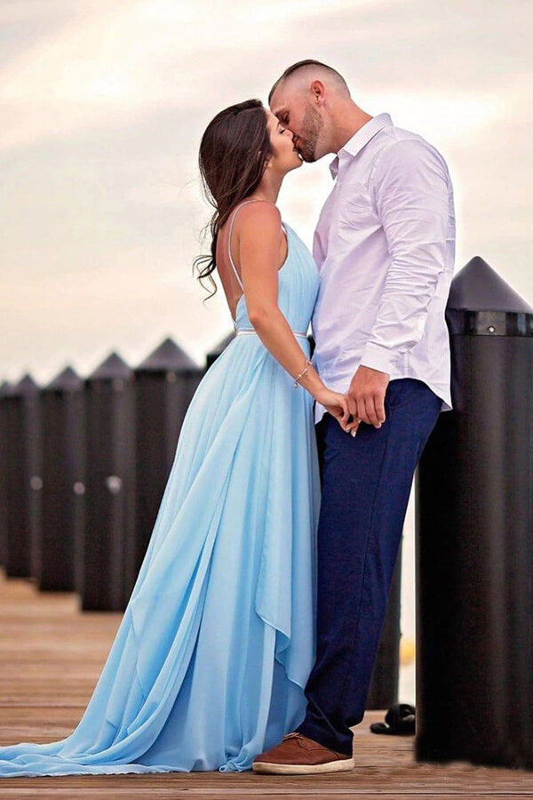 Simple Sky Blue Rustic Thigh Split Beach Wedding Dresses with Sweep Train, MW527 | beach wedding dresses | chiffon wedding dresses | long wedding dresses | wedding gowns | www.musebridals.com