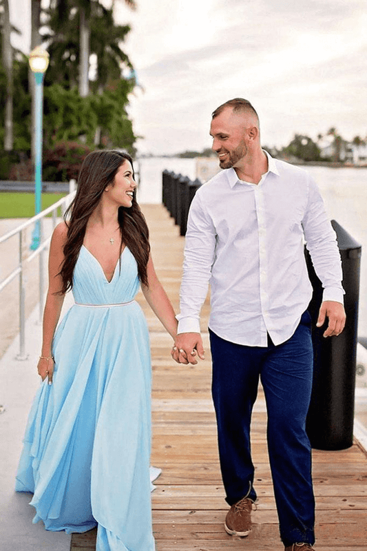 Simple Sky Blue Rustic Thigh Split Beach Wedding Dresses with Sweep Train, MW527 | simple wedding dress | beach wedding dress | chiffon wedding dress | wedding gowns | www.musebridals.com