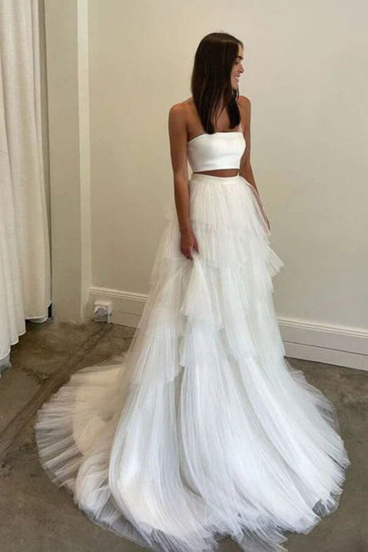 Simple Two Piece Wedding Dress With Layered Tulle Skirt, Bridal Gown, MW1005 | cheap wedding dress | two piece wedding dress | wedding gown | musebridals.com