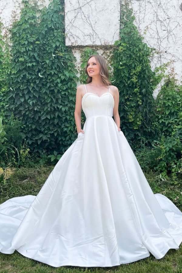 ​Simple White A-line Satin Spaghetti Straps Sweetheart Neck Wedding Dresses, MW757 | cheap wedding dresses | bridal gowns | outdoor wedding dresses | musebridals.com