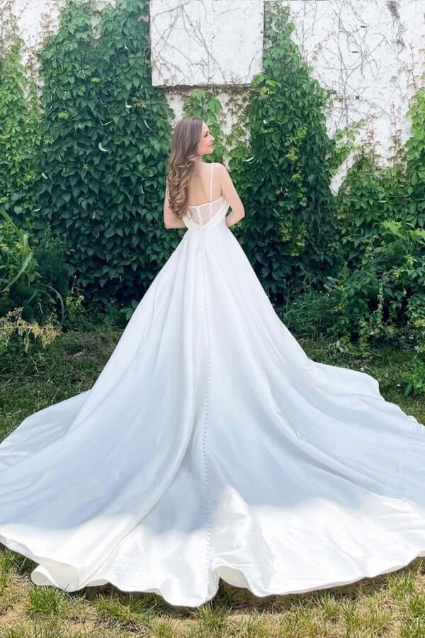 Simple White A-line Satin Spaghetti Straps Sweetheart Neck Wedding Dresses, MW757 | satin wedding dresses | vintage wedding dresses | wedding gown | musebridals.com​