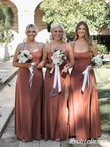 Roycebridal Simple Cheap Long Dusty Pink Bridesmaid Dresses Spaghetti Straps Cross Back