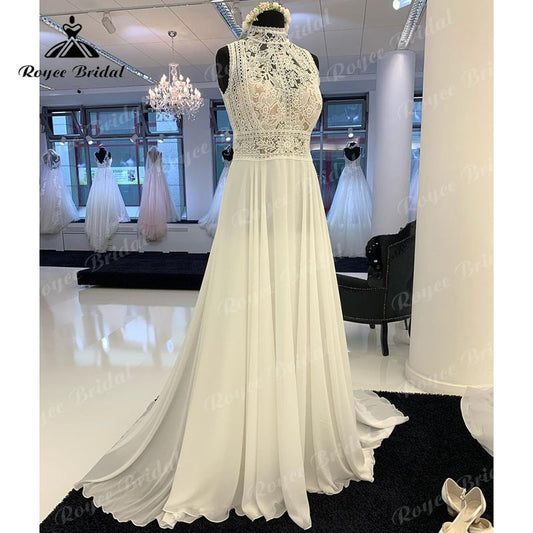 Roycebridal Sleeveless A Line Boho Wedding Dress Beach High Neck Lace Bodice Open Back Sweep 2025 Civil Bridal Gown Chiffon vestido de novia