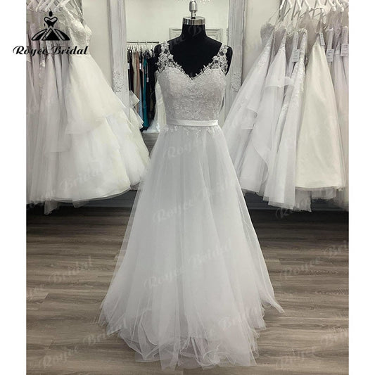 Roycebridal BRIDE,BRIDE EXPLORE All Wedding Dresses,BRIDE EXPLORE Custom Wedding Dresses 👗,BRIDE EXPLORE Plus SizeSleeveless Princess Women A Line Wedding Gowns Backless 2025 Tulle Long Elegant Bridal Boho Wedding Dress V neck Lace Applique