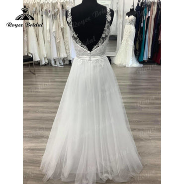 Roycebridal BRIDE,BRIDE EXPLORE All Wedding Dresses,BRIDE EXPLORE Custom Wedding Dresses 👗,BRIDE EXPLORE Plus SizeSleeveless Princess Women A Line Wedding Gowns Backless 2025 Tulle Long Elegant Bridal Boho Wedding Dress V neck Lace Applique