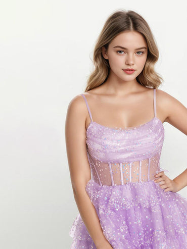 Spaghetti Straps Illusion Flecked Sequin Layered Tulle Homecoming Dresses