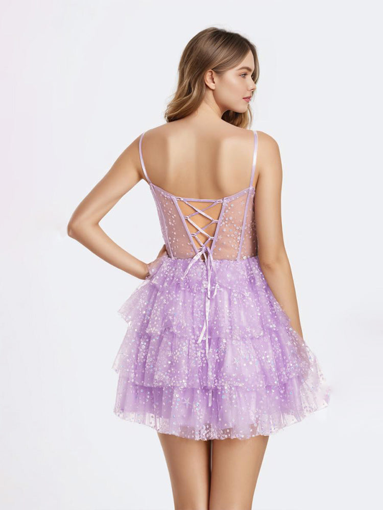 Spaghetti Straps Illusion Flecked Sequin Layered Tulle Homecoming Dresses